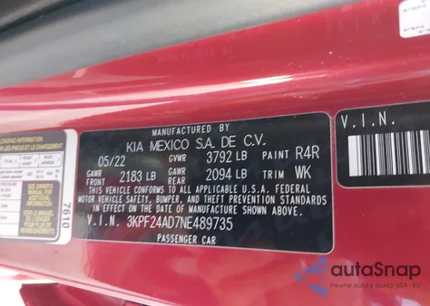 2022 Kia Forte Lxs из США, поврежденный, VIN 3KPF24AD7NE489735